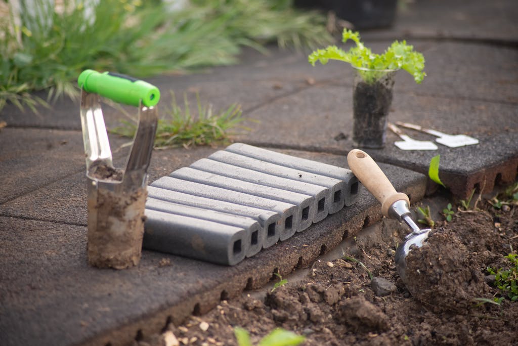 Close-up of gardening tools and seedlings in an outdoor garden setting, ideal for planting enthusiasts.